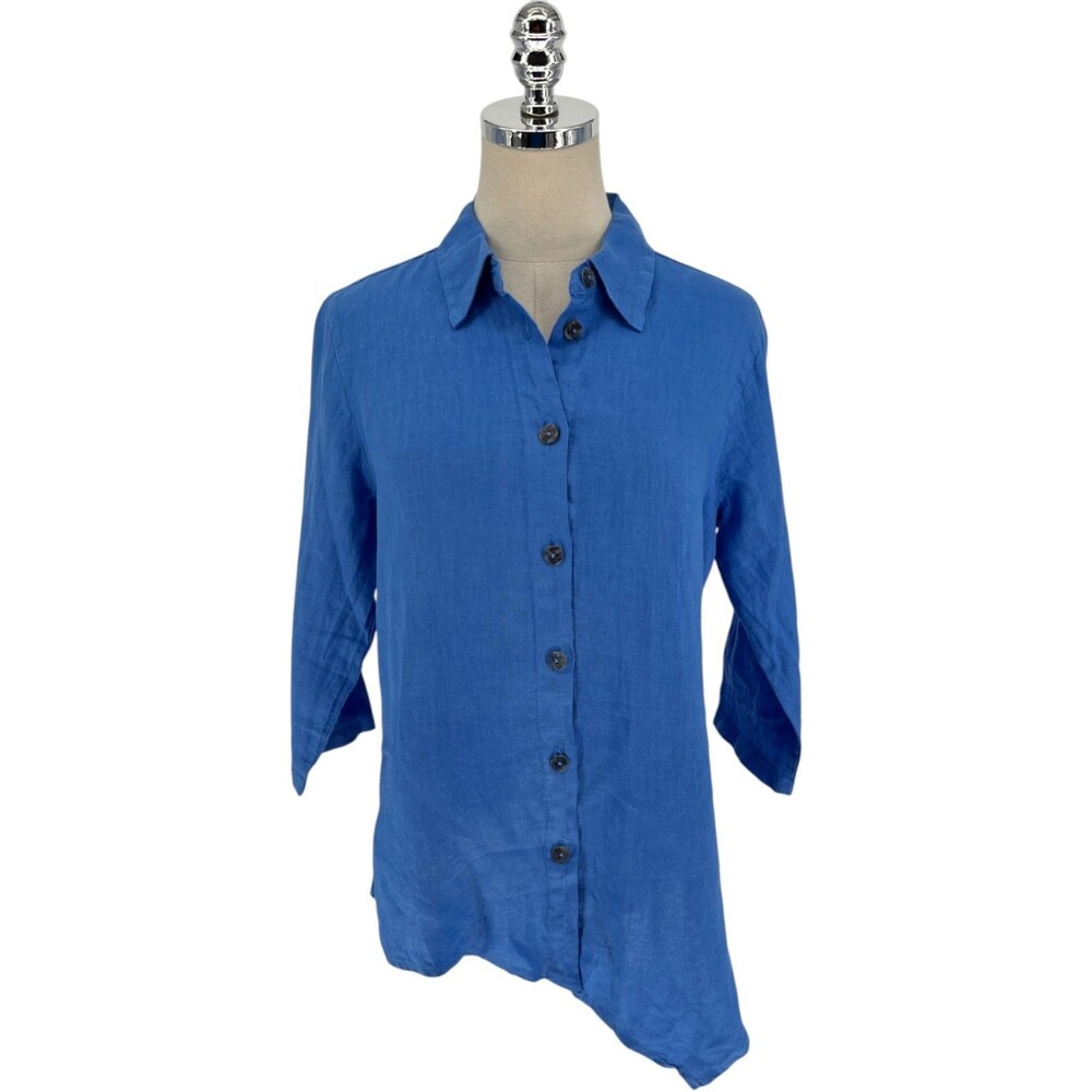 CLICK Color Me Cotton Top Women's Size Small Linen Asymmetric Blue Coastal 8755